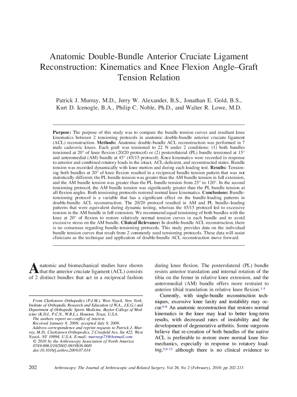 Anatomic Double-Bundle Anterior Cruciate Ligament Reconstruction: Kinematics and Knee Flexion Angle–Graft Tension Relation 