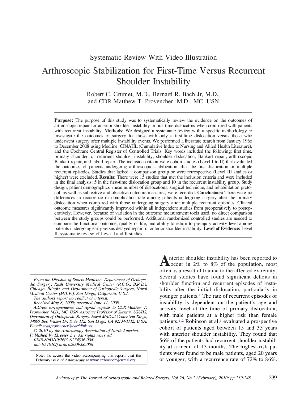 Arthroscopic Stabilization for First-Time Versus Recurrent Shoulder Instability 