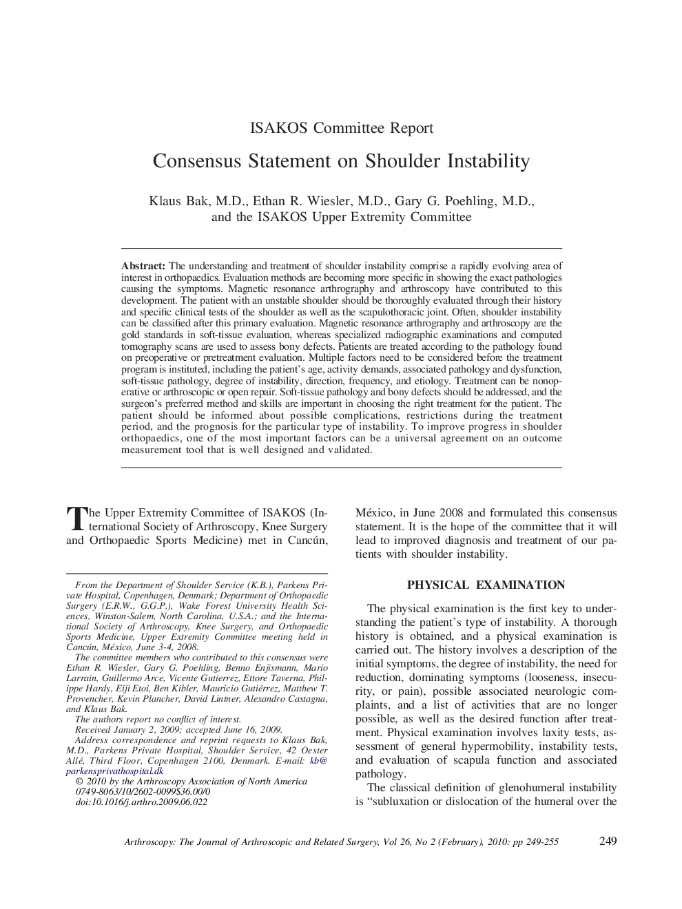 Consensus Statement on Shoulder Instability 
