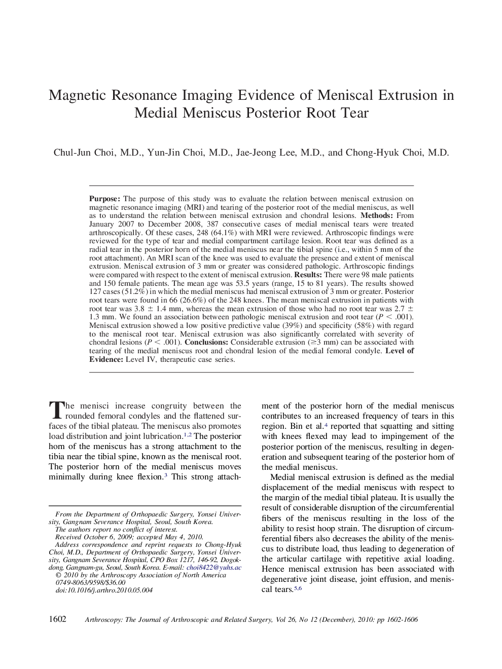 Magnetic Resonance Imaging Evidence of Meniscal Extrusion in Medial Meniscus Posterior Root Tear 