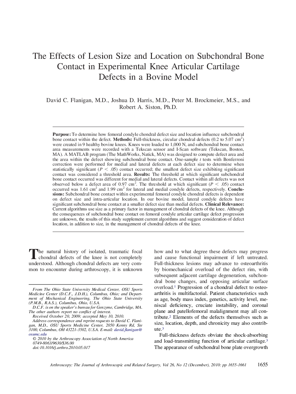 The Effects of Lesion Size and Location on Subchondral Bone Contact in Experimental Knee Articular Cartilage Defects in a Bovine Model