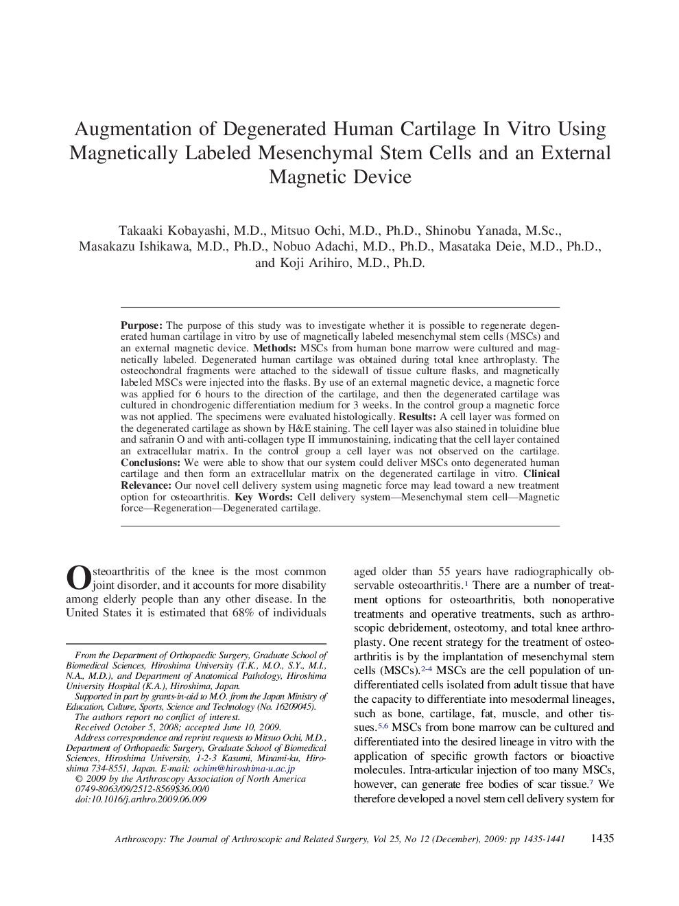 Augmentation of Degenerated Human Cartilage In Vitro Using Magnetically Labeled Mesenchymal Stem Cells and an External Magnetic Device 