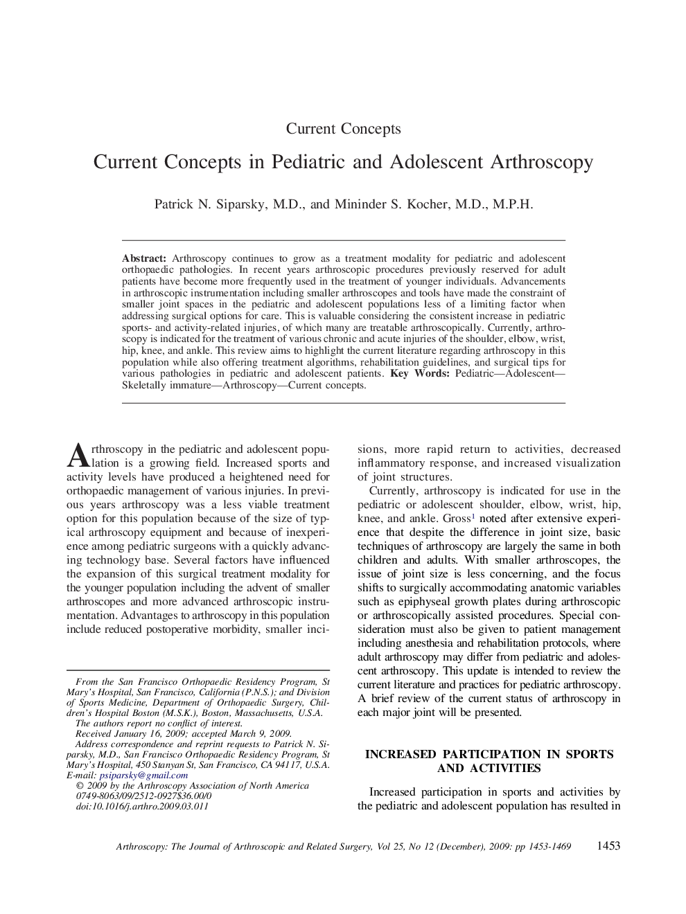 Current Concepts in Pediatric and Adolescent Arthroscopy 