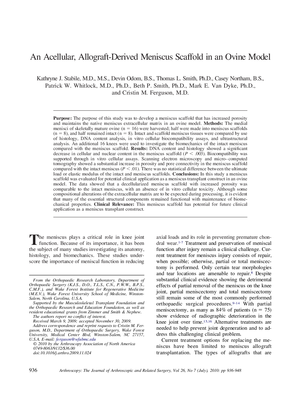 An Acellular, Allograft-Derived Meniscus Scaffold in an Ovine Model 