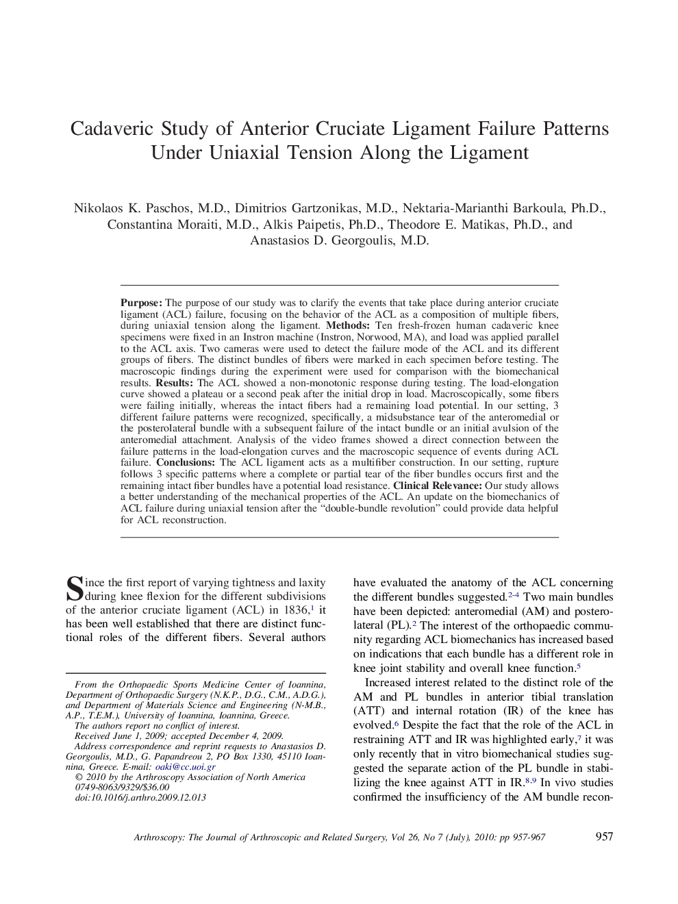 Cadaveric Study of Anterior Cruciate Ligament Failure Patterns Under Uniaxial Tension Along the Ligament 