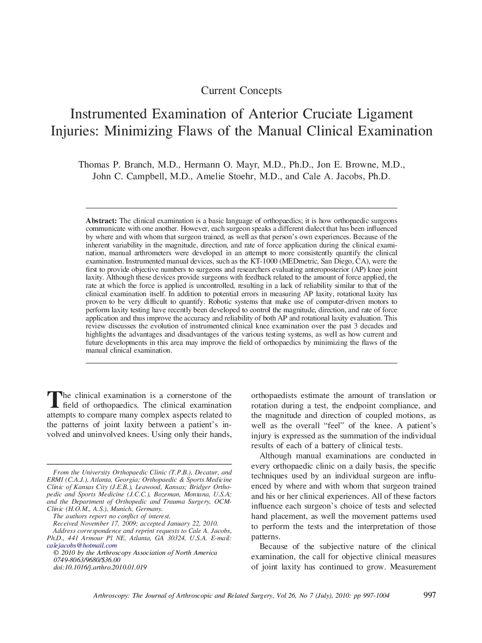 Instrumented Examination of Anterior Cruciate Ligament Injuries: Minimizing Flaws of the Manual Clinical Examination 