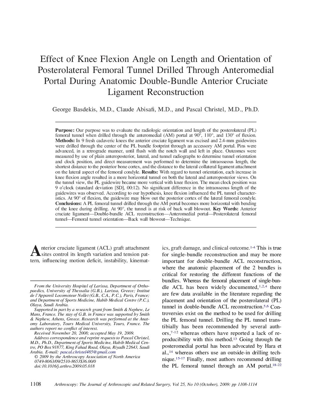 Effect of Knee Flexion Angle on Length and Orientation of Posterolateral Femoral Tunnel Drilled Through Anteromedial Portal During Anatomic Double-Bundle Anterior Cruciate Ligament Reconstruction 