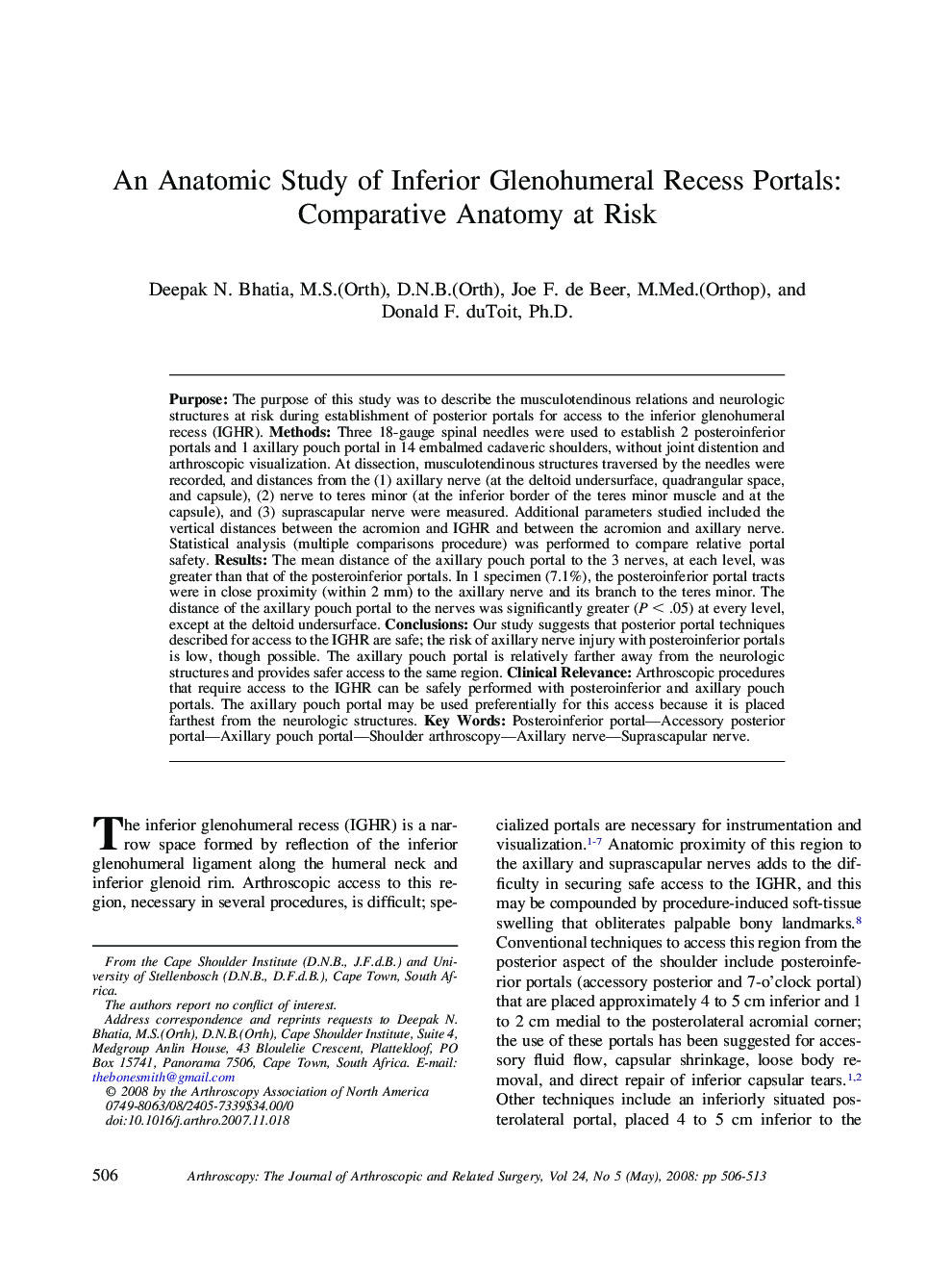 An Anatomic Study of Inferior Glenohumeral Recess Portals: Comparative Anatomy at Risk 