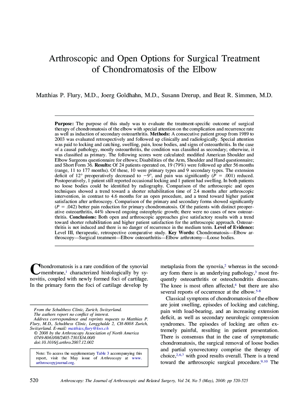 Arthroscopic and Open Options for Surgical Treatment of Chondromatosis of the Elbow