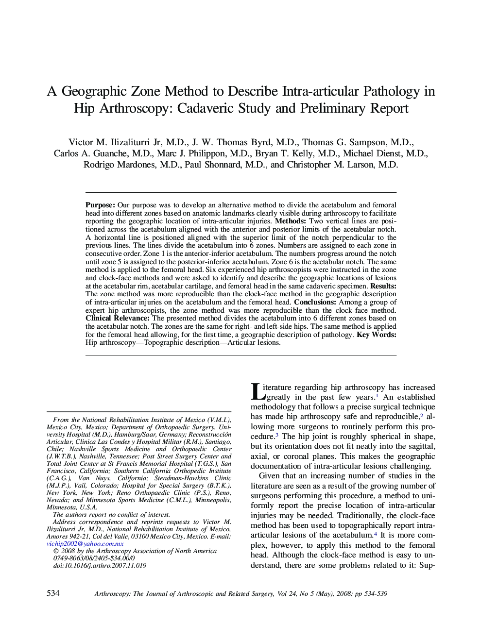 A Geographic Zone Method to Describe Intra-articular Pathology in Hip Arthroscopy: Cadaveric Study and Preliminary Report 