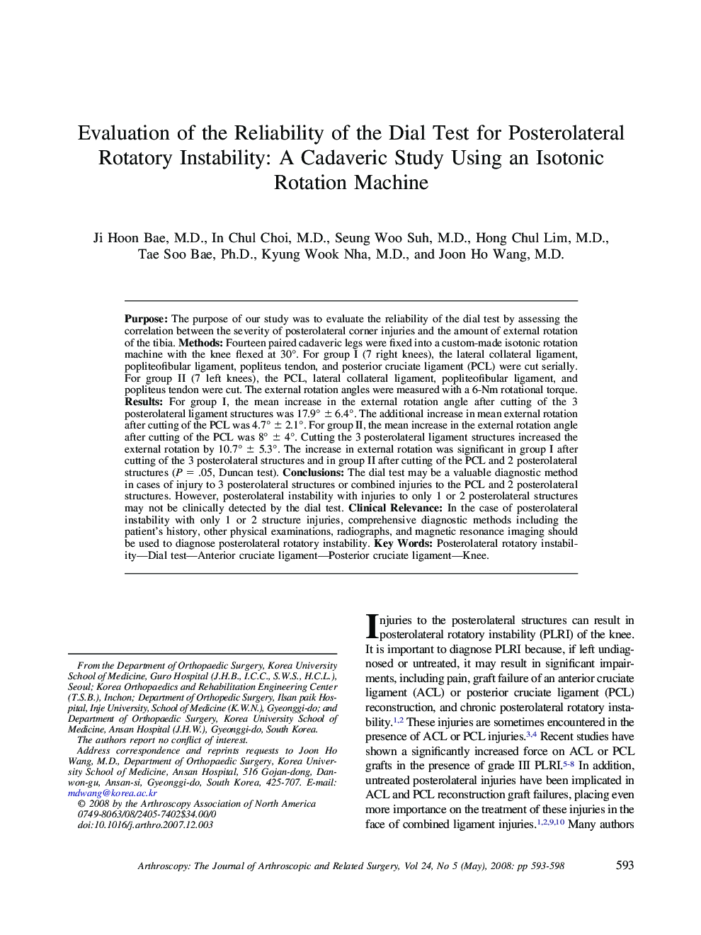 Evaluation of the Reliability of the Dial Test for Posterolateral Rotatory Instability: A Cadaveric Study Using an Isotonic Rotation Machine 