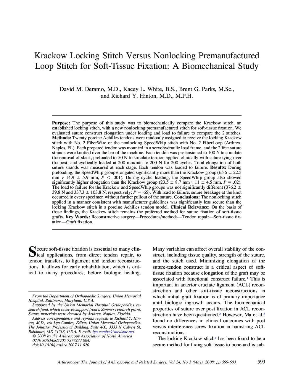 Krackow Locking Stitch Versus Nonlocking Premanufactured Loop Stitch for Soft-Tissue Fixation: A Biomechanical Study 