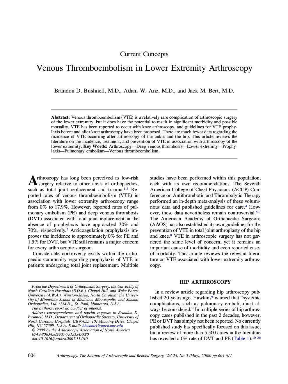 Venous Thromboembolism in Lower Extremity Arthroscopy 