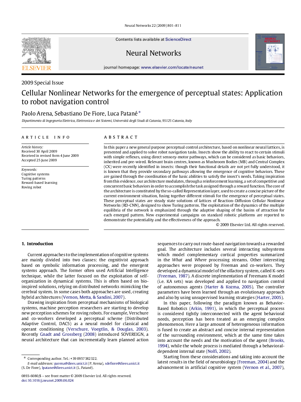 Cellular Nonlinear Networks for the emergence of perceptual states: Application to robot navigation control