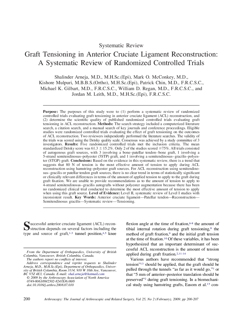 Graft Tensioning in Anterior Cruciate Ligament Reconstruction: A Systematic Review of Randomized Controlled Trials 