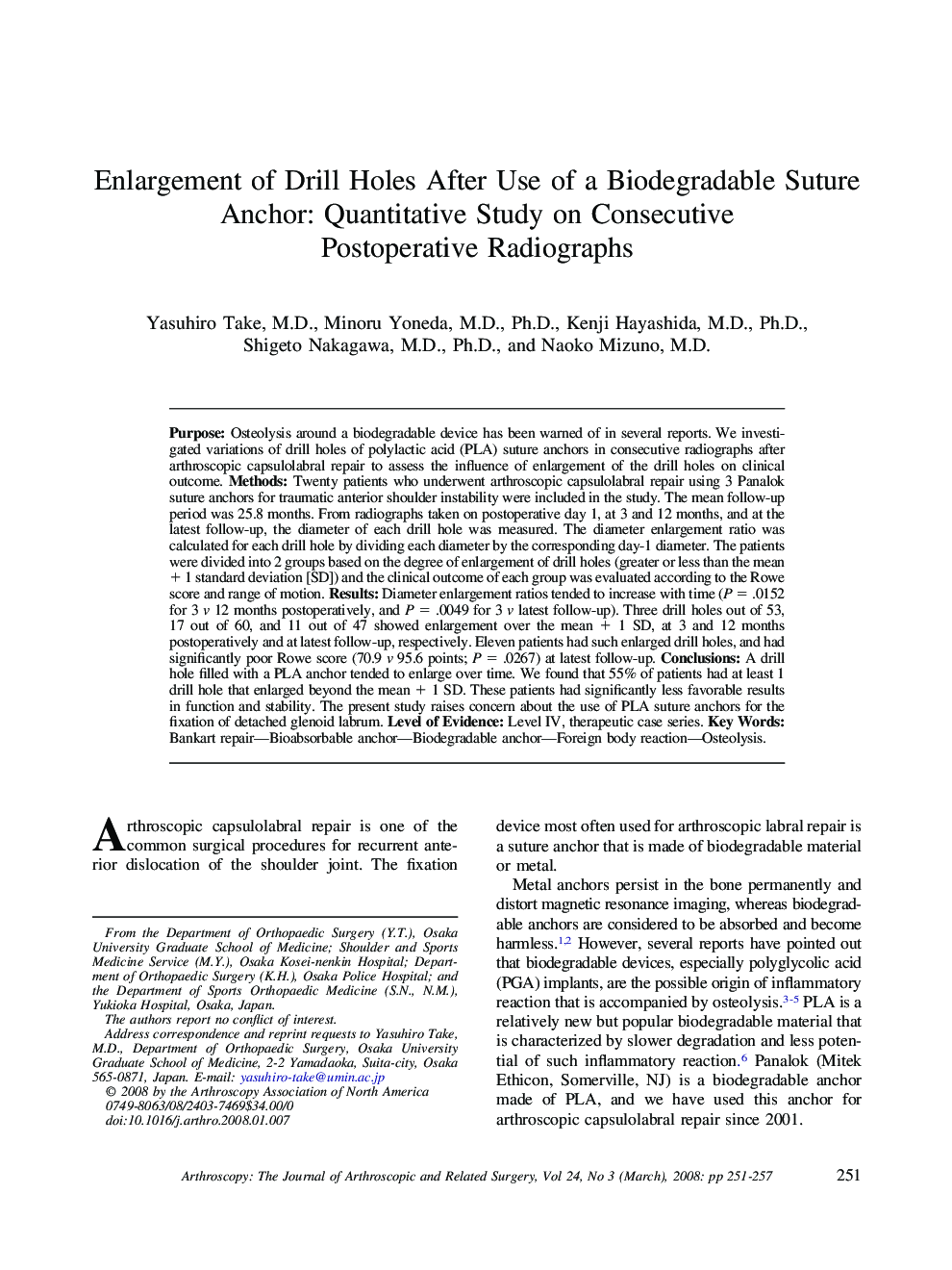 Enlargement of Drill Holes After Use of a Biodegradable Suture Anchor: Quantitative Study on Consecutive Postoperative Radiographs