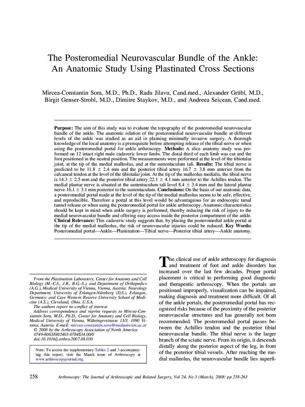 The Posteromedial Neurovascular Bundle of the Ankle: An Anatomic Study Using Plastinated Cross Sections