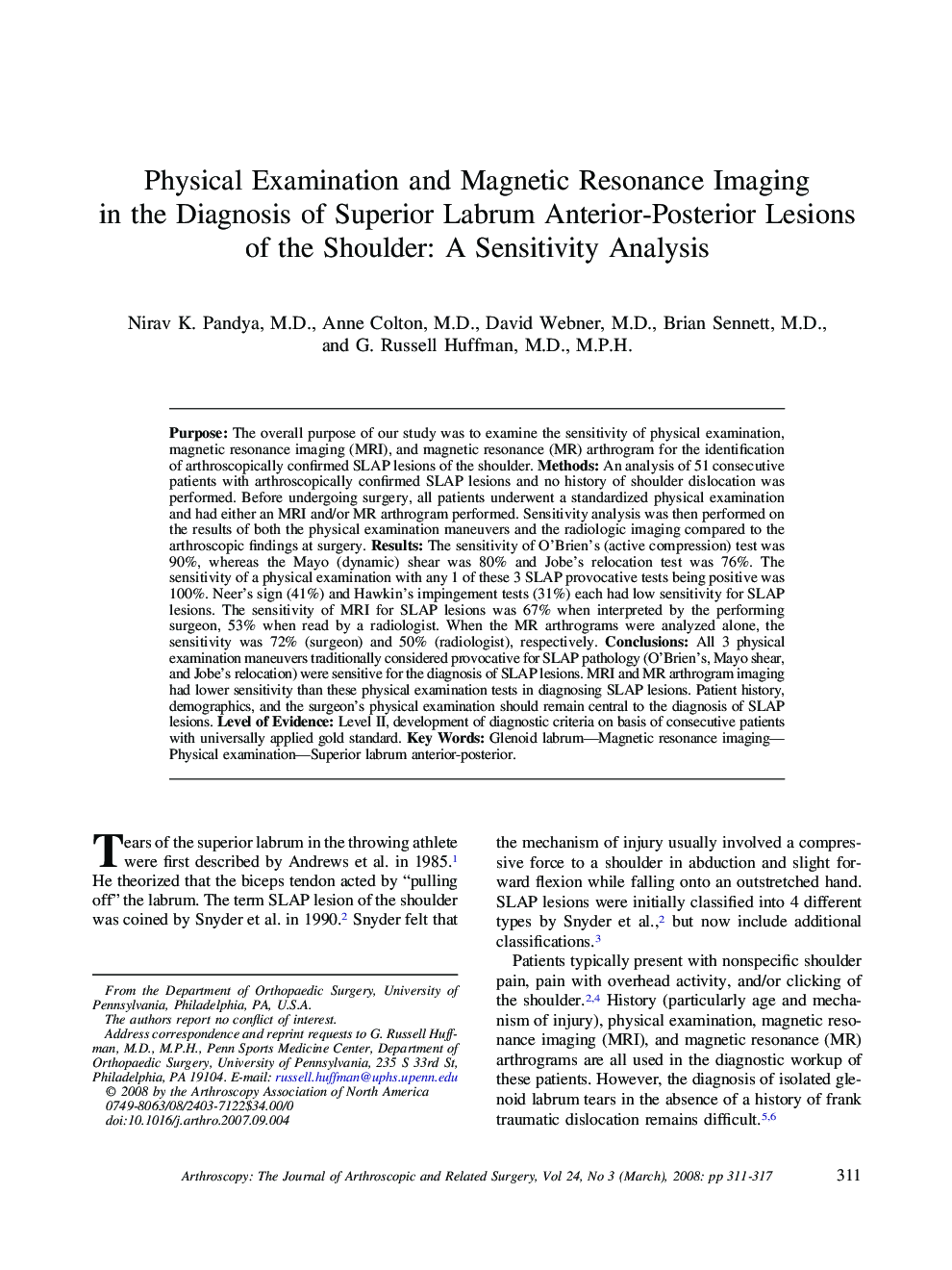 Physical Examination and Magnetic Resonance Imaging in the Diagnosis of Superior Labrum Anterior-Posterior Lesions of the Shoulder: A Sensitivity Analysis 