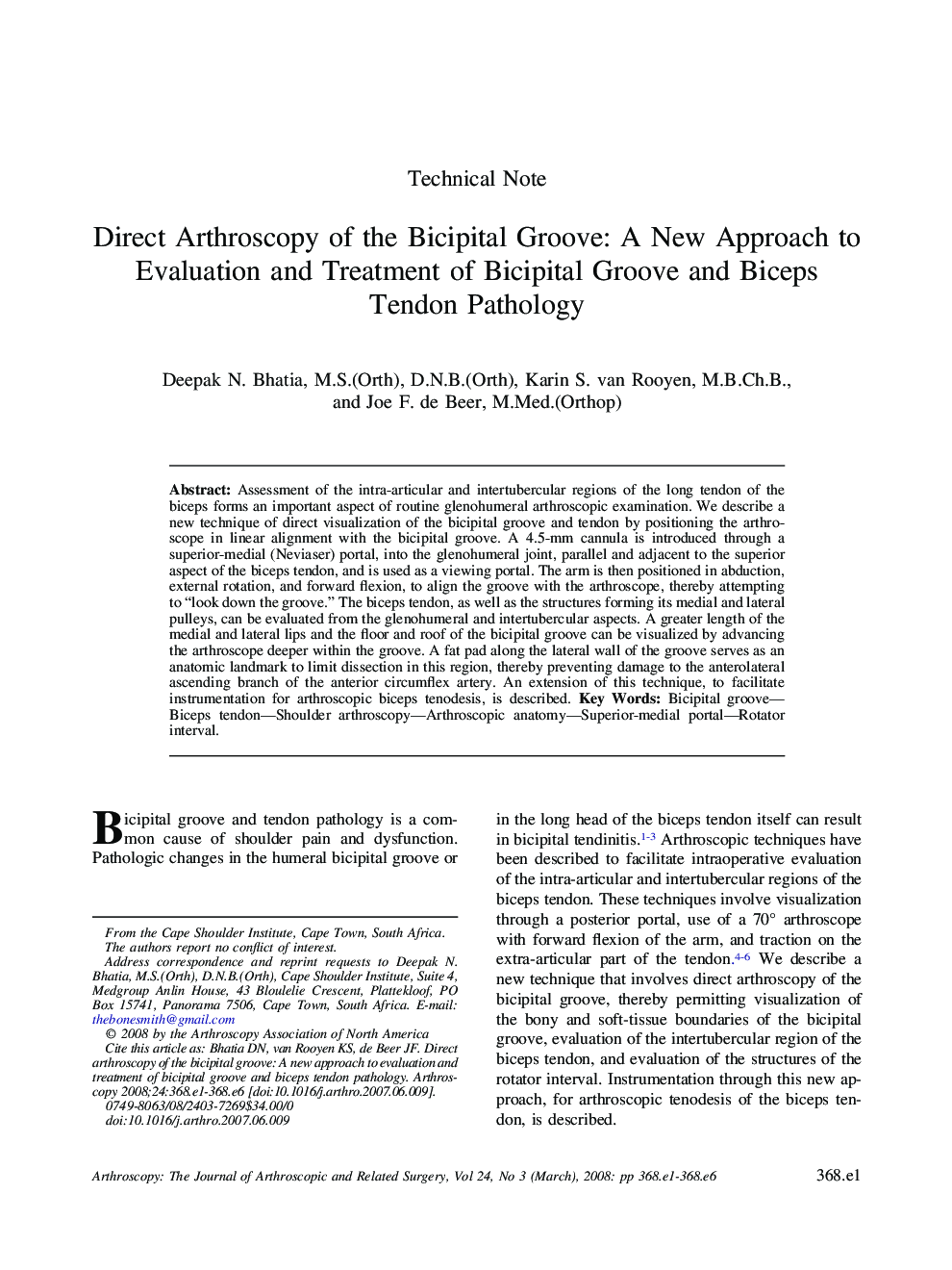 Direct Arthroscopy of the Bicipital Groove: A New Approach to Evaluation and Treatment of Bicipital Groove and Biceps Tendon Pathology