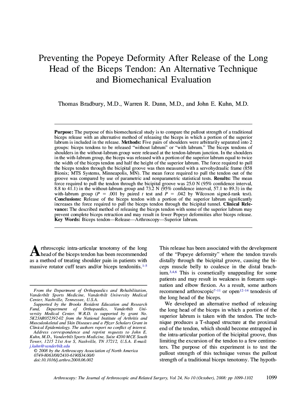 Preventing the Popeye Deformity After Release of the Long Head of the Biceps Tendon: An Alternative Technique and Biomechanical Evaluation 