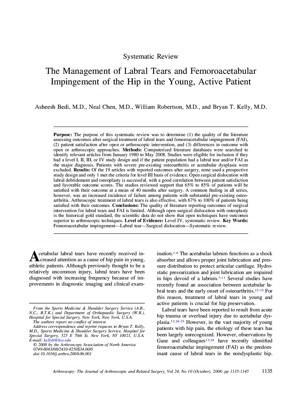 The Management of Labral Tears and Femoroacetabular Impingement of the Hip in the Young, Active Patient 