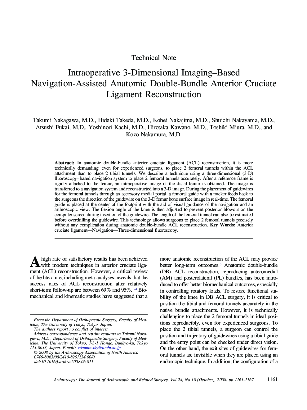 Intraoperative 3-Dimensional Imaging–Based Navigation-Assisted Anatomic Double-Bundle Anterior Cruciate Ligament Reconstruction 