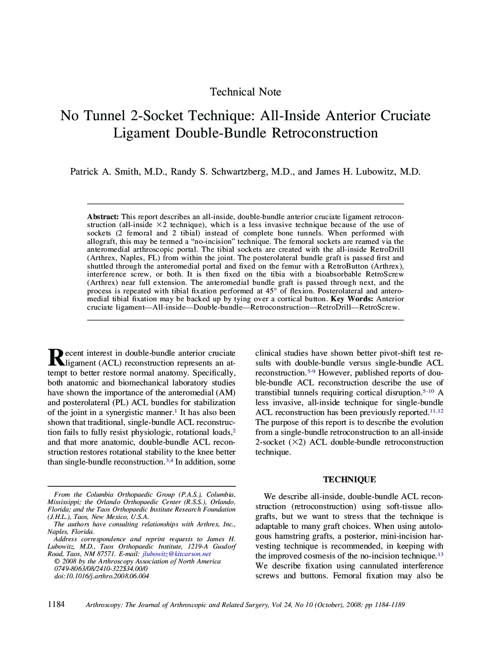 No Tunnel 2-Socket Technique: All-Inside Anterior Cruciate Ligament Double-Bundle Retroconstruction 