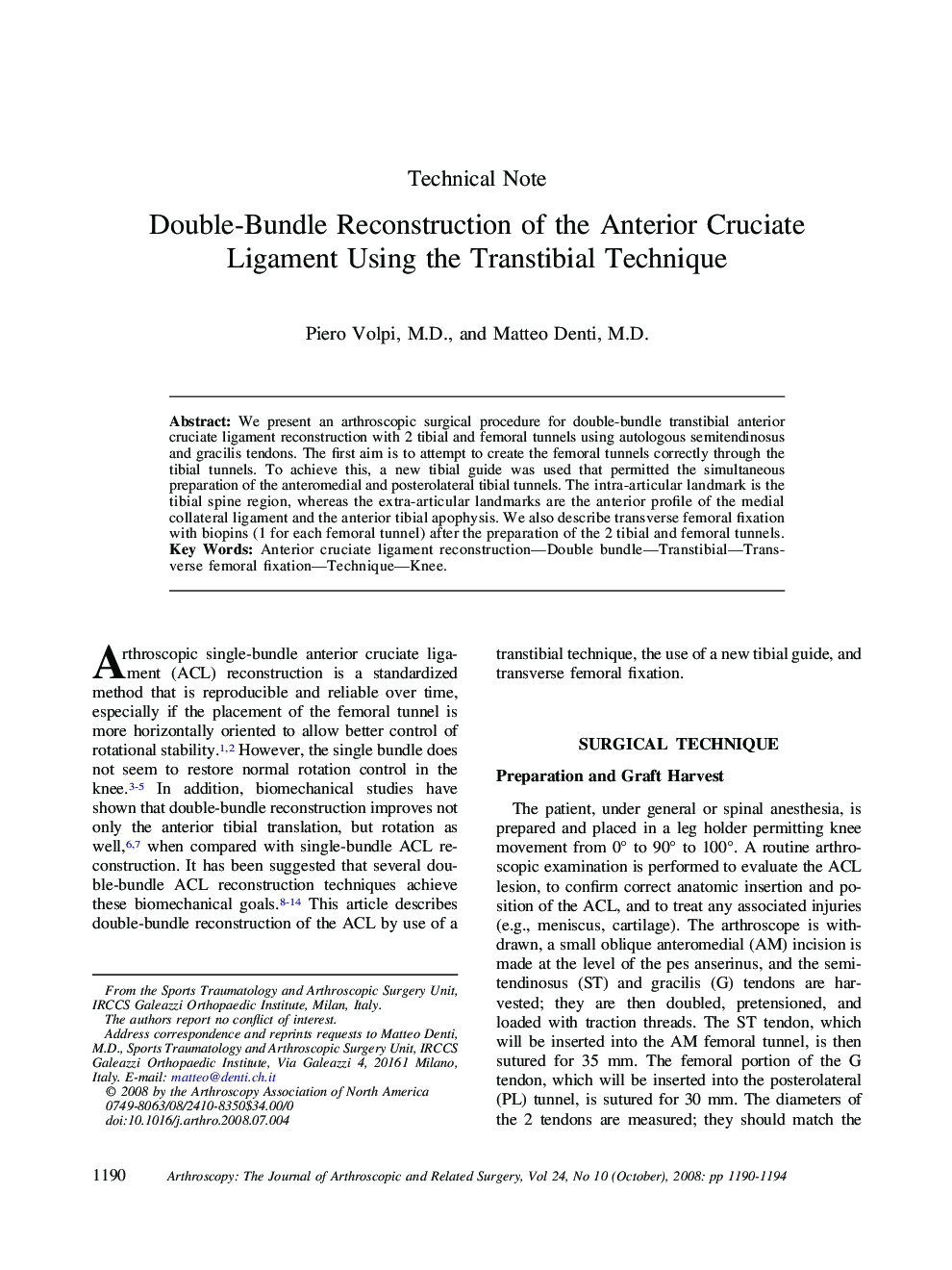 Double-Bundle Reconstruction of the Anterior Cruciate Ligament Using the Transtibial Technique 