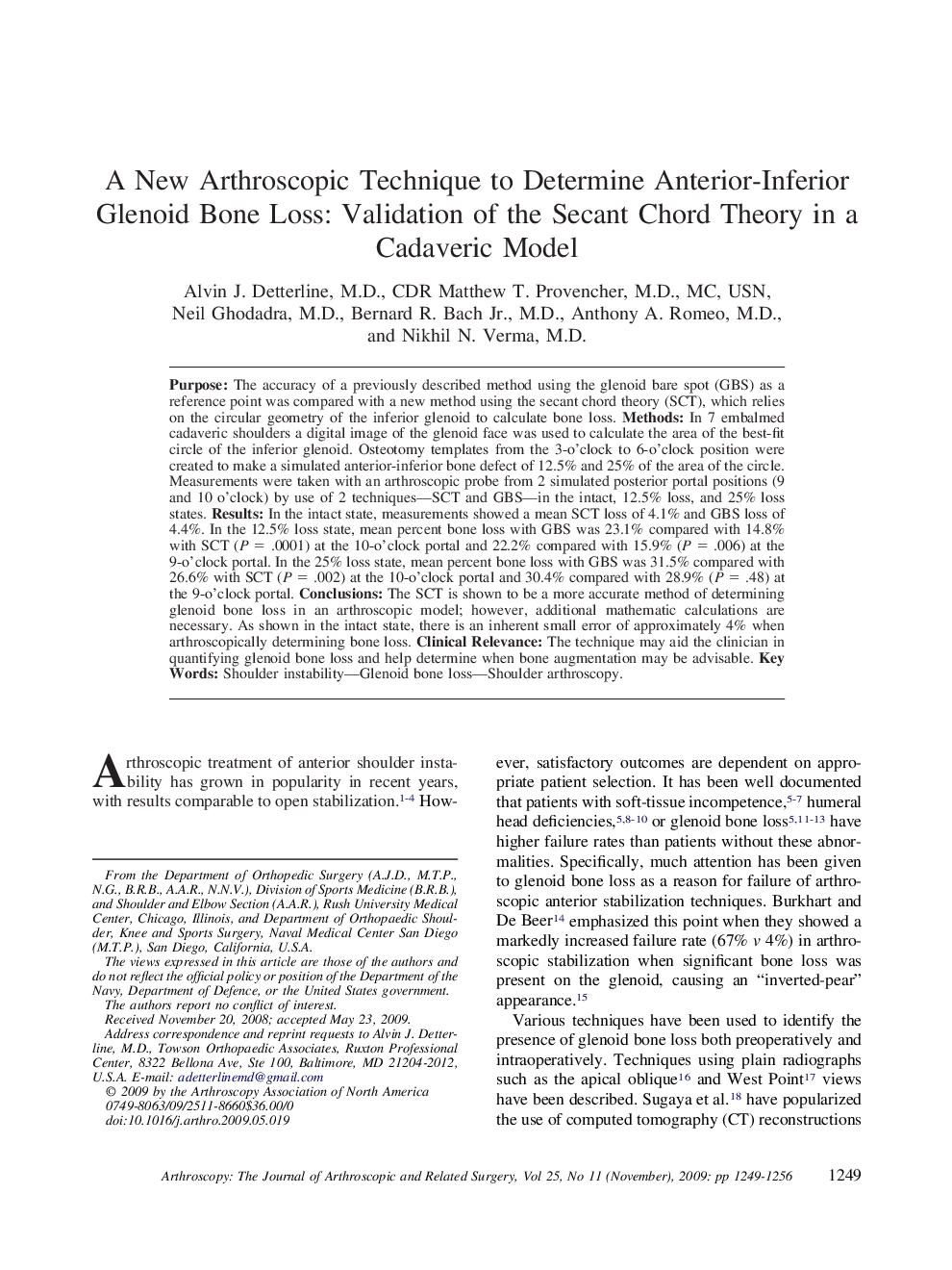 A New Arthroscopic Technique to Determine Anterior-Inferior Glenoid Bone Loss: Validation of the Secant Chord Theory in a Cadaveric Model 