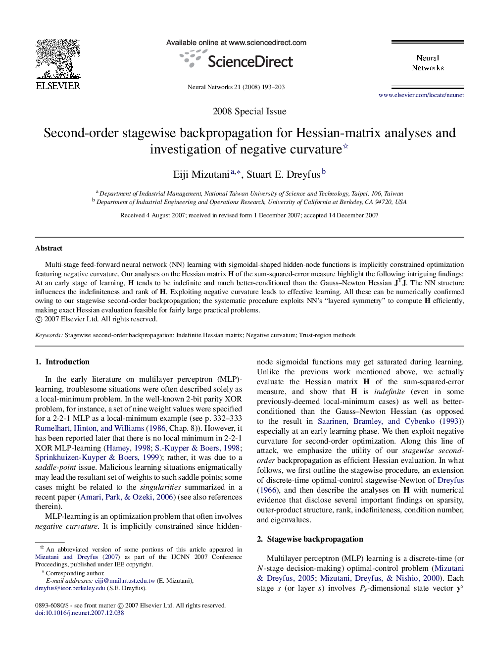 Second-order stagewise backpropagation for Hessian-matrix analyses and investigation of negative curvature 