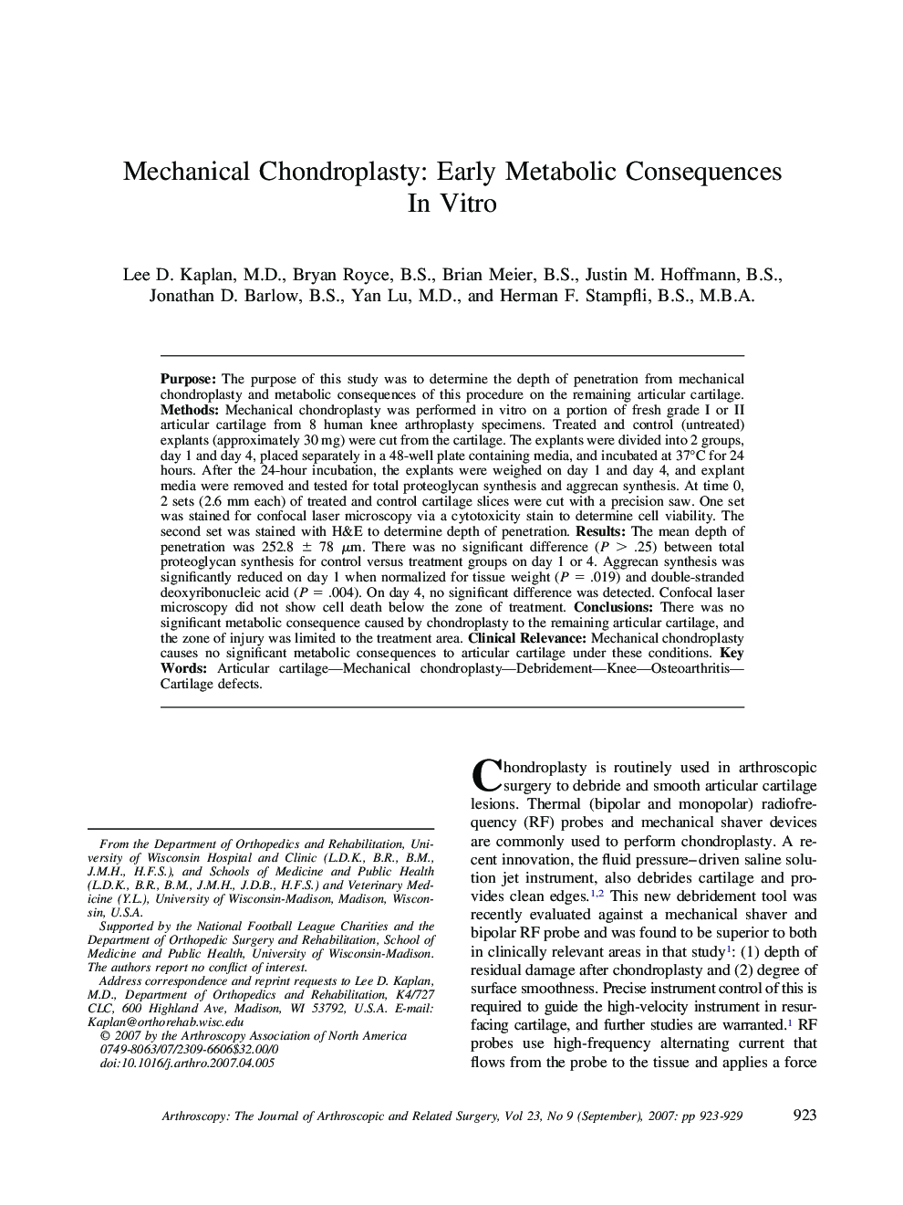 Mechanical Chondroplasty: Early Metabolic Consequences In Vitro 