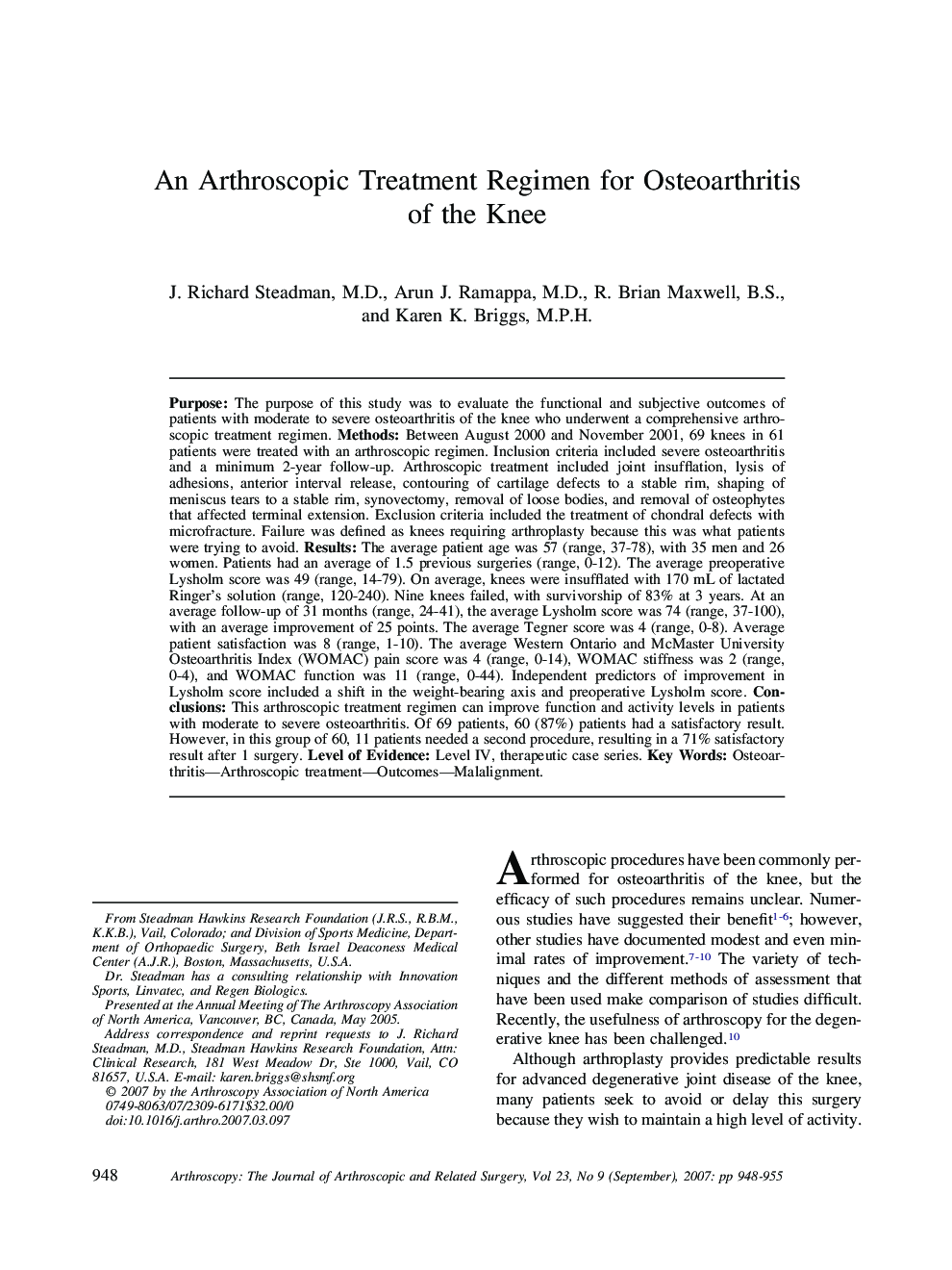 An Arthroscopic Treatment Regimen for Osteoarthritis of the Knee