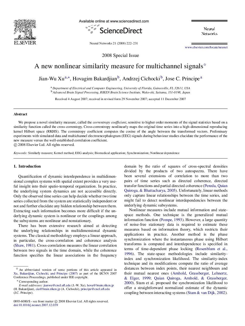 A new nonlinear similarity measure for multichannel signals 