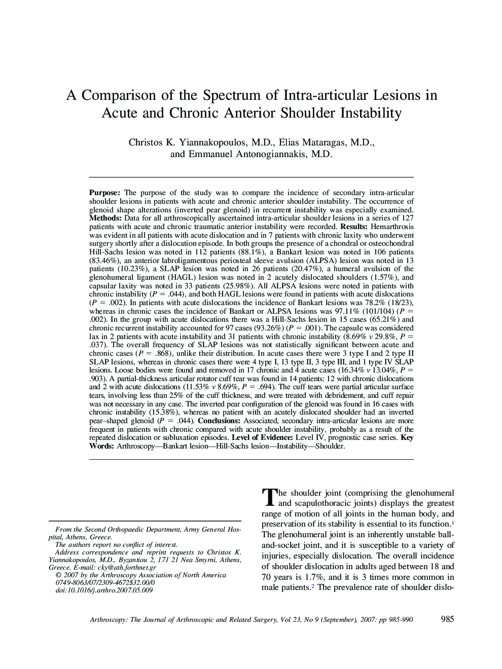 A Comparison of the Spectrum of Intra-articular Lesions in Acute and Chronic Anterior Shoulder Instability 