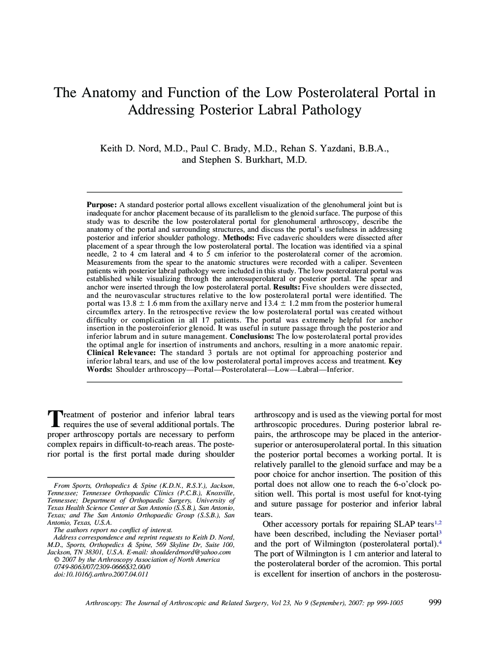 The Anatomy and Function of the Low Posterolateral Portal in Addressing Posterior Labral Pathology 