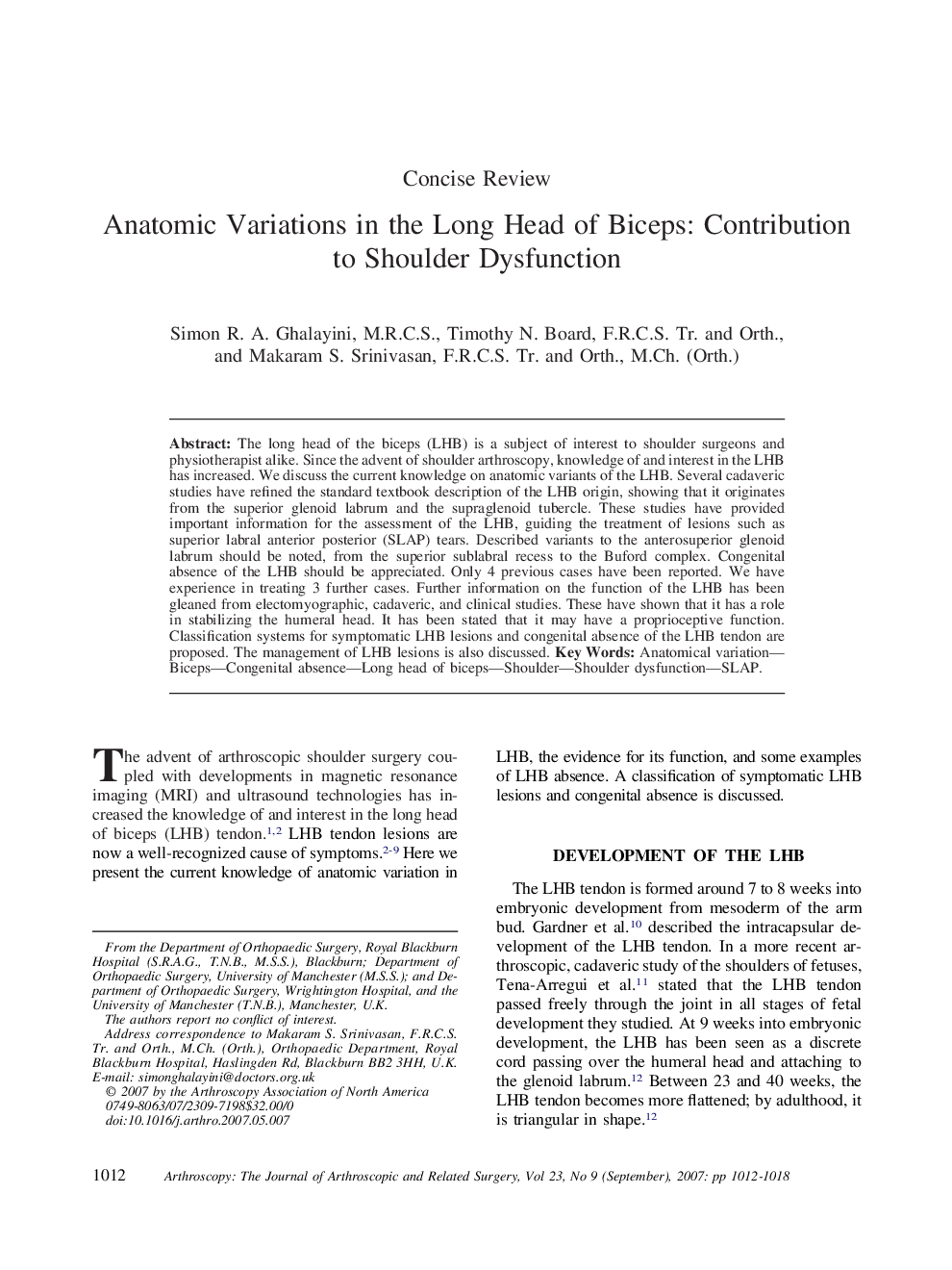 Anatomic Variations in the Long Head of Biceps: Contribution to Shoulder Dysfunction 