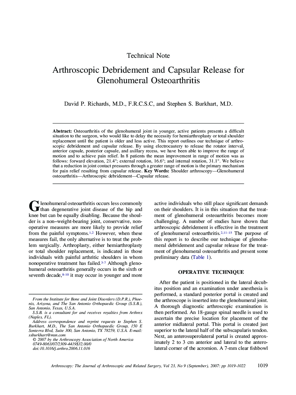 Arthroscopic Debridement and Capsular Release for Glenohumeral Osteoarthritis