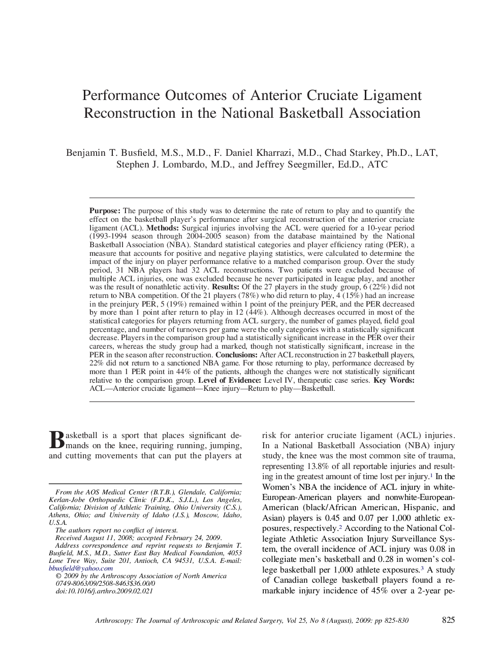 Performance Outcomes of Anterior Cruciate Ligament Reconstruction in the National Basketball Association 