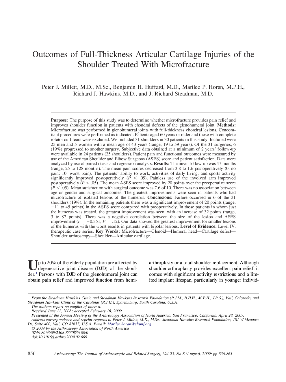 عکس صفحه اول مقاله: Outcomes of Full-Thickness Articular Cartilage Injuries of the Shoulder Treated With Microfracture Outcomes of Full-Thickness Articular Cartilage Injuries of the Shoulder Treated With Microfracture