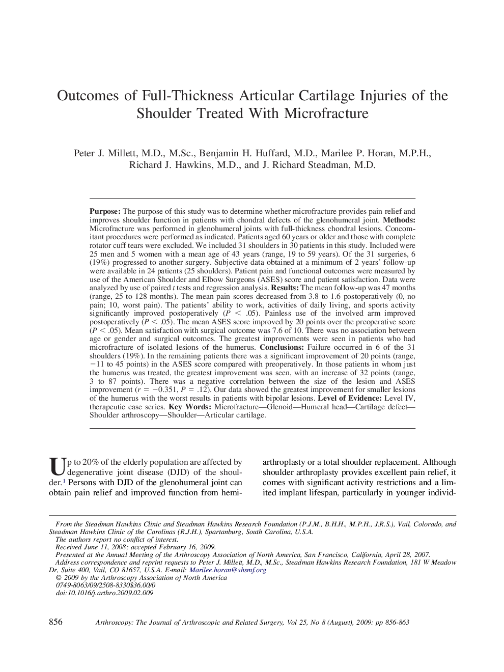 Outcomes of Full-Thickness Articular Cartilage Injuries of the Shoulder Treated With Microfracture 