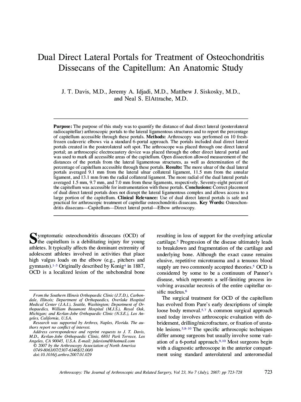 Dual Direct Lateral Portals for Treatment of Osteochondritis Dissecans of the Capitellum: An Anatomic Study 