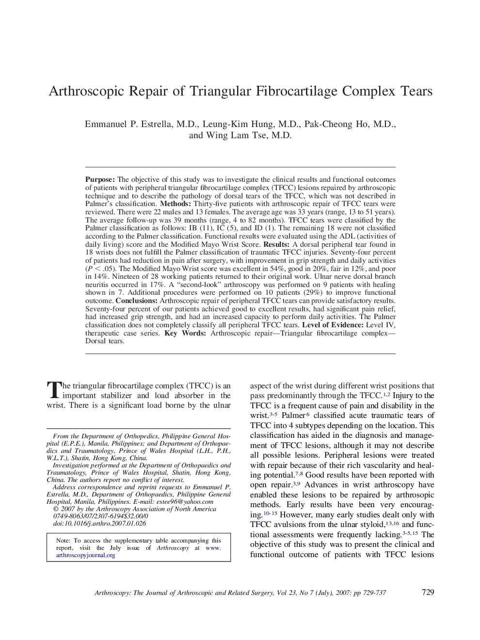 Arthroscopic Repair of Triangular Fibrocartilage Complex Tears