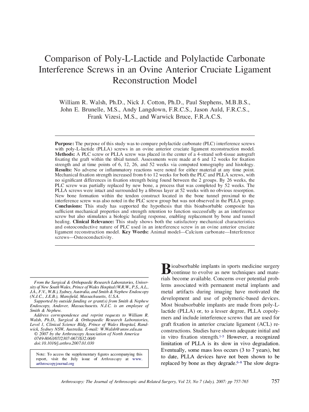 Comparison of Poly-L-Lactide and Polylactide Carbonate Interference Screws in an Ovine Anterior Cruciate Ligament Reconstruction Model