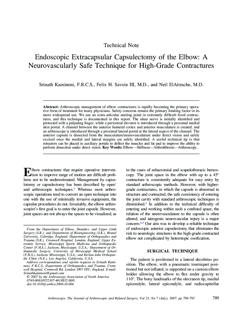 Endoscopic Extracapsular Capsulectomy of the Elbow: A Neurovascularly Safe Technique for High-Grade Contractures