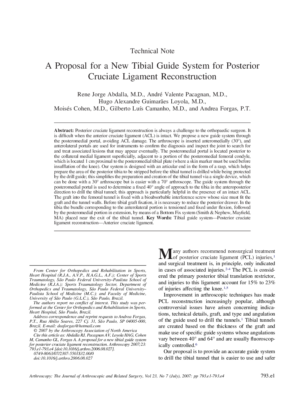 A Proposal for a New Tibial Guide System for Posterior Cruciate Ligament Reconstruction