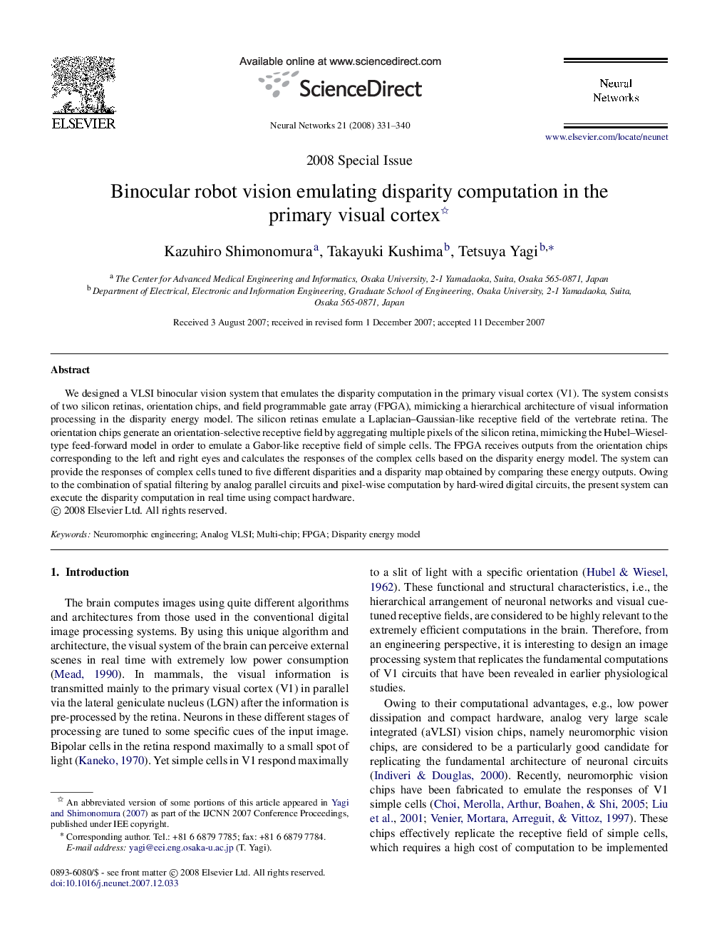 Binocular robot vision emulating disparity computation in the primary visual cortex 