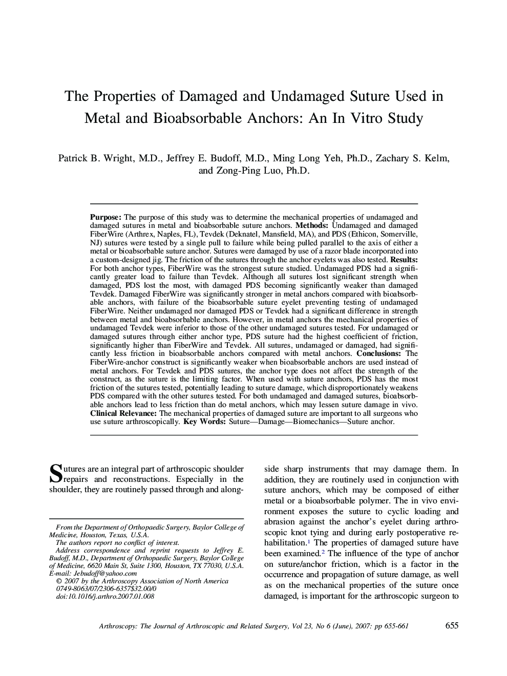 The Properties of Damaged and Undamaged Suture Used in Metal and Bioabsorbable Anchors: An In Vitro Study 