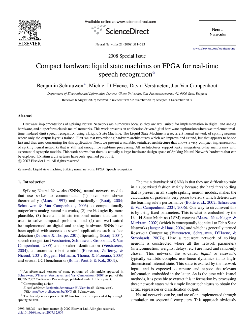 Compact hardware liquid state machines on FPGA for real-time speech recognition 