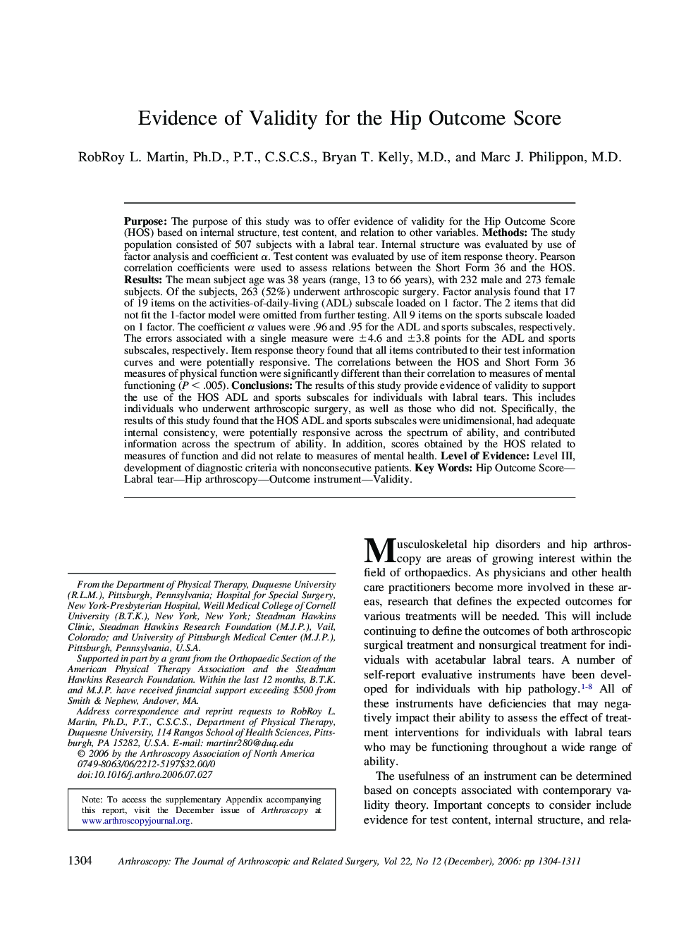 Evidence of Validity for the Hip Outcome Score 