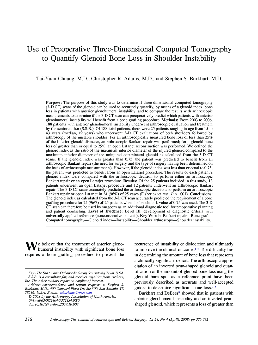 Use of Preoperative Three-Dimensional Computed Tomography to Quantify Glenoid Bone Loss in Shoulder Instability 